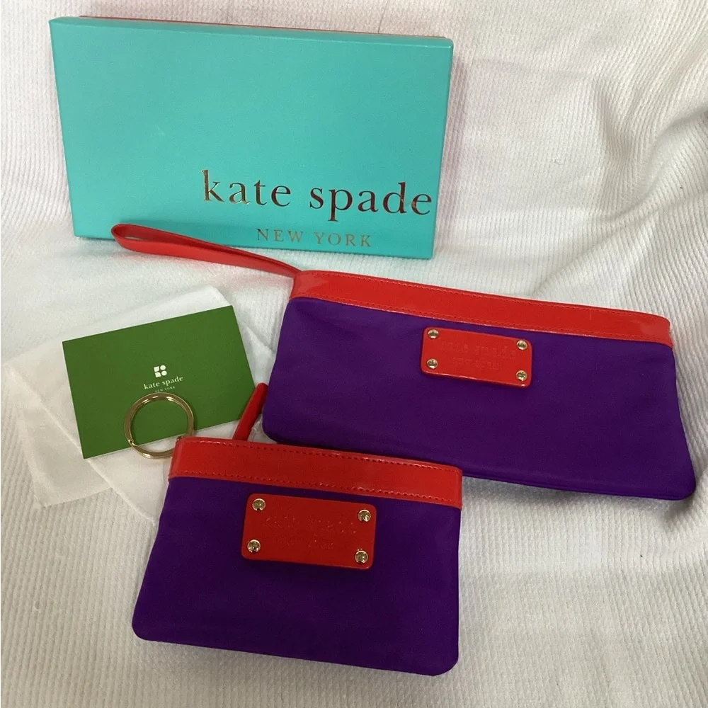 kate spade PurpleNylon and Red Patent Leather Zipper 2 pc Pouch set.  NWT - Picture 3 of 13